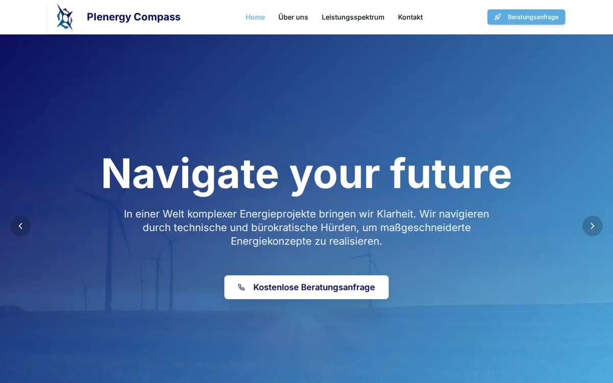Startseite von Plenergy Compass mit Energieberatungs-Angebot und Beratungsanfrage