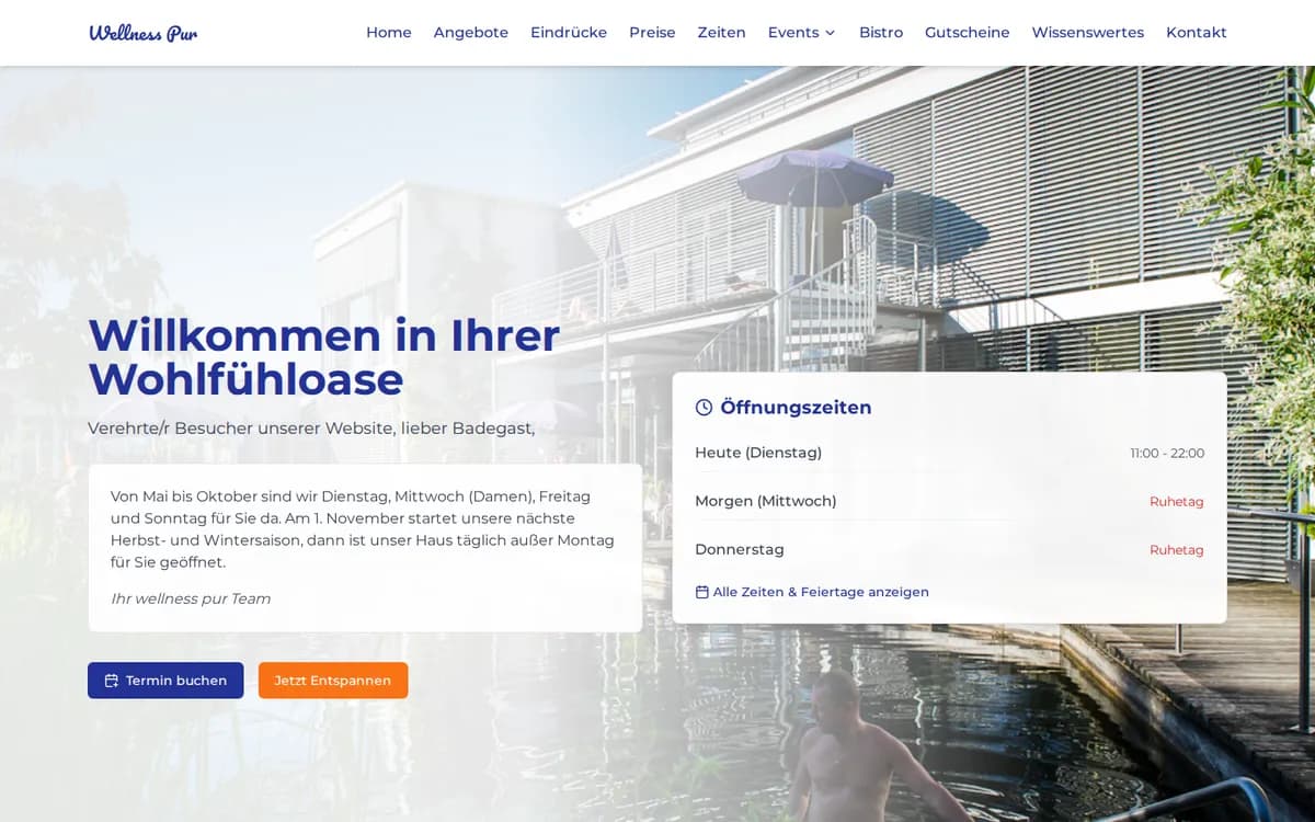 Startseite der neuen Wellness-Pur-Website mit Online-Terminbuchung und Öffnungszeiten-Widget